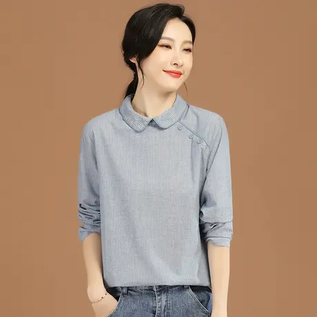 韩潮袭人民族风娃娃领条纹长袖女士衬衫2023秋季新款休闲套头衬衣图片