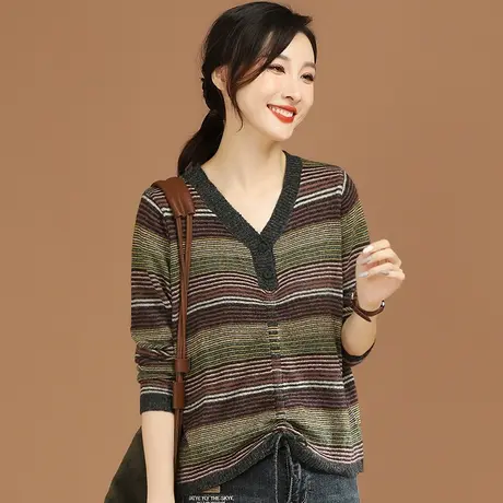 韩潮袭人V领长袖条纹针织衫女2023年新款秋季休闲套头上衣打底衫图片