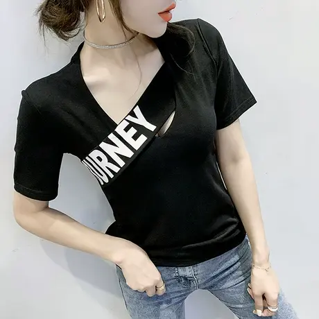 女装2023新款ins潮网红个性T恤女短袖夏性感镂空心机上衣百搭小衫商品大图