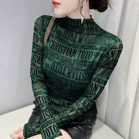 半高领打底衫女春秋2023新款复古加绒烫钻长袖T恤修身百搭上衣潮商品大图