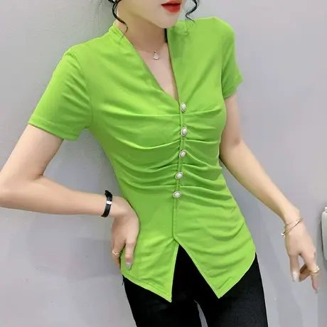 复古不规则盘扣T恤女短袖夏季2023新款中国风V领上衣修身气质小衫商品大图