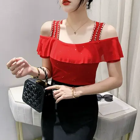 性感网纱小衫女短袖欧货洋气一字领露肩T恤时尚别致荷叶边上衣夏商品大图