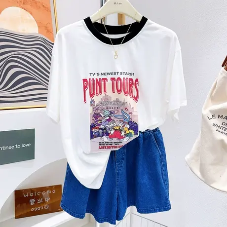 韩代款~2023夏季新款减龄可爱兔子雪花棉短袖上衣薄款t恤粉白灰色图片