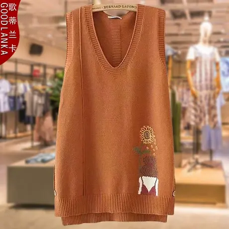 加大码胖妈妈春装外穿毛线背心宽松洋气中长款妈妈V领针织马甲女图片