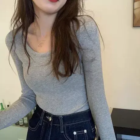 低领白色打底衫女内搭薄款春秋季2023年新款宽松韩版长袖T恤上衣图片