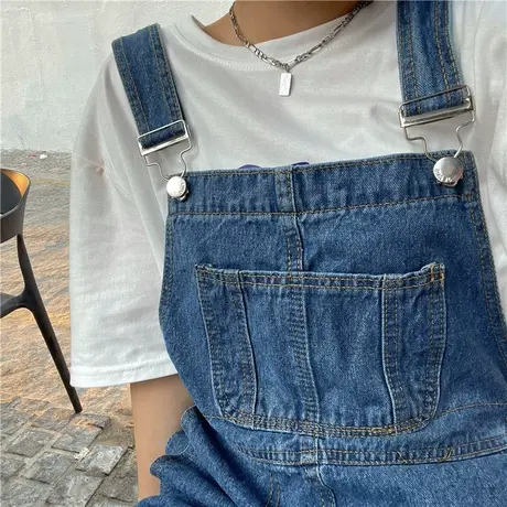 港风ins潮2023新款韩版百搭背带吊带牛仔长裤女宽松慵懒风ulzzang图片