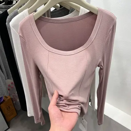 欧货低圆领露锁骨螺纹长袖T恤女2023早春新款纯欲风修身小衫上衣图片