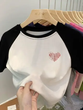 正肩插肩袖短袖T恤女夏2023新款设计感高腰显瘦撞色大码辣妹上衣商品大图