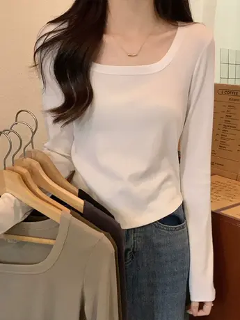 纯欲u领长袖t恤女2023早秋新款欧货女装辣妹冬季内搭打底衫上衣服商品大图