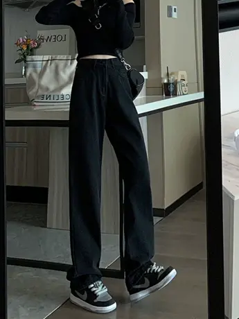 薄款小个子黑色阔腿牛仔裤女直筒宽松显瘦高腰垂感拖地裤春秋2023商品大图