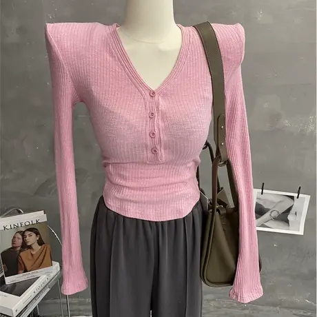 洋气减龄V领长袖T恤女初秋韩版修身显瘦内搭外穿打底小衫上衣体恤商品大图