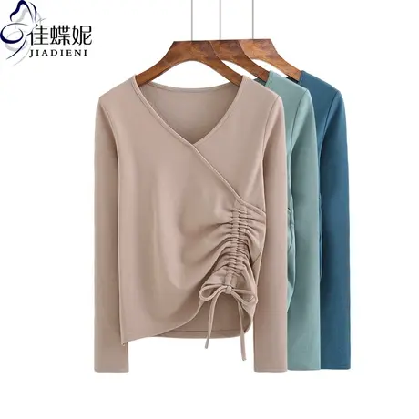 冬V领修身纯棉抽绳加磨毛加厚长袖保暖上衣打底衫内搭高腰T恤德绒商品大图