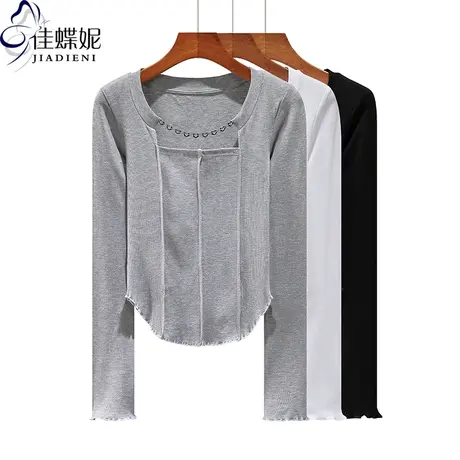 春季新款韩版方领纯棉修身纯色荷叶边燕尾摆长袖体恤上衣女打底衫商品大图