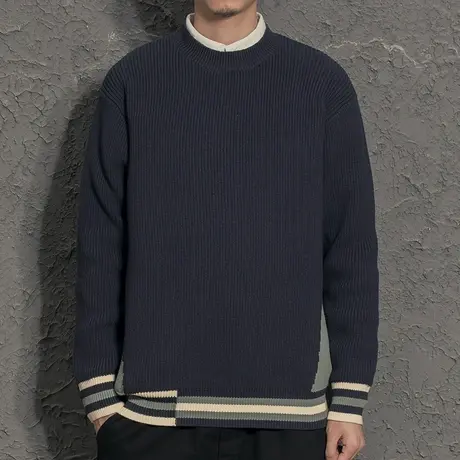 奕飏2020秋冬不规则拼色毛衣圆领休闲破边线衣日系复古针织衫男潮商品大图