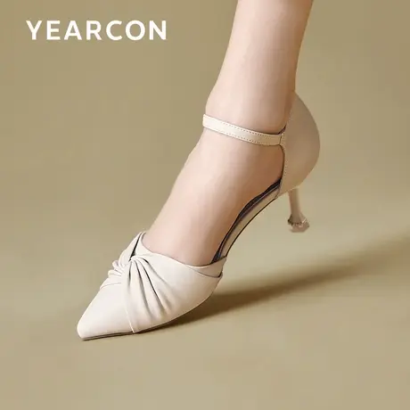 意尔康法式高跟凉鞋女2023年春秋新款尖头细跟一字扣中空职业单鞋商品大图
