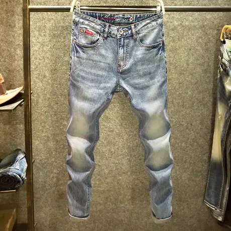 春季新款高端牛仔裤男士修身小直筒长裤浅蓝色面料柔软潮牌裤子男商品大图