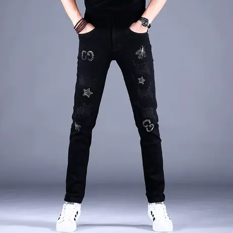 男士黑色破洞牛仔裤男秋款男款2023新款高端潮牌修身小脚休闲裤子商品大图