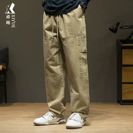 希越美式卡其色休闲裤男秋季纯棉拼接工装裤宽松大码胖子直筒裤子商品大图