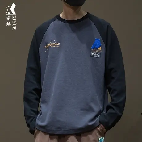 希越拼接圆领刺绣卫衣男秋季宽松大码华夫格280克重磅内搭打底衫商品大图