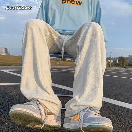 春秋垂感裤子男夏季潮牌高街冰丝长裤宽松休闲男裤直筒拖地阔腿裤商品大图