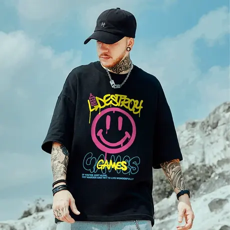 鬼脸小恶魔国潮oversize短袖t恤男大码情侣bf宽松纯棉胖子半袖潮商品大图