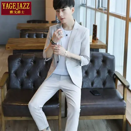 西服套装男修身韩版帅气潮外套学生五分七分袖夏季薄款休闲小西装商品大图