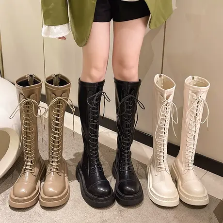 长筒靴女骑士靴秋季系带厚底女鞋高筒瘦瘦靴白色小个子不过膝长靴商品大图