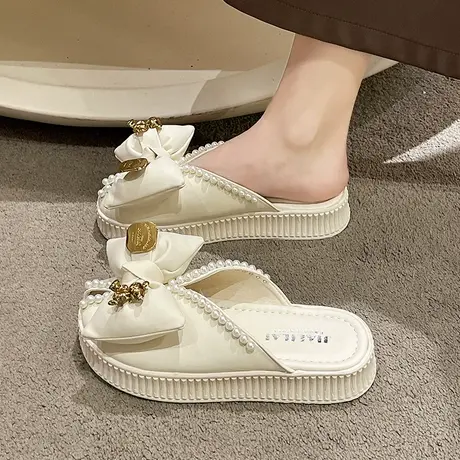 包头半拖鞋女夏天外穿2023年新款厚底穆勒鞋蝴蝶结珍珠小香风凉拖图片