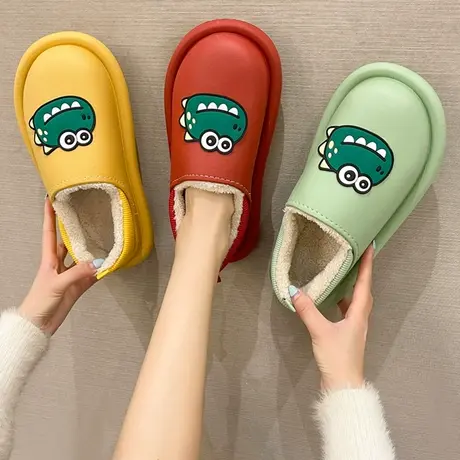 可爱卡通小恐龙棉拖鞋女包跟加绒冬天家居用室内厚底防滑防水棉鞋商品大图