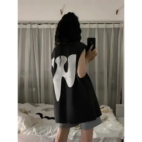 美式复古纯棉吊带运动坎肩背心无袖t恤女夏季外穿篮球服宽松上衣商品大图