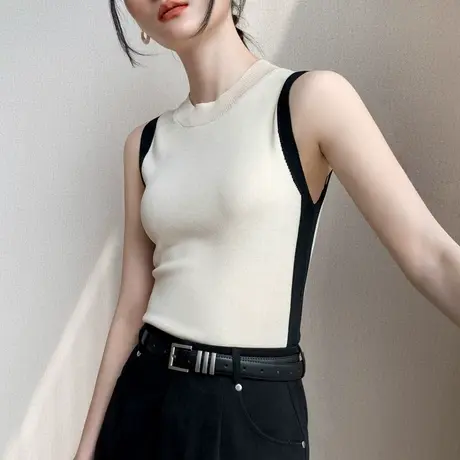 韩版撞色拼接背心女夏季衬衫内搭修身显瘦洋气设计感小众无袖上衣商品大图