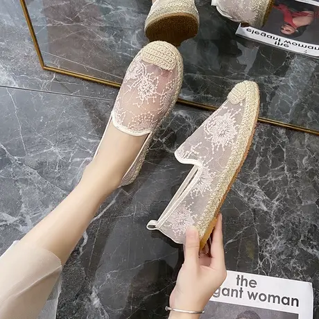网纱女鞋夏季透气网面单鞋一脚蹬懒人鞋小香风渔夫鞋薄款网鞋孕妇图片