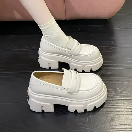 白色厚底乐福鞋女款2024春秋季新款英伦风小皮鞋增高跟单鞋女鞋子商品大图