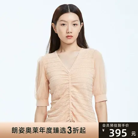朗姿夏季薄款泡泡袖法式V领女式针织T恤新款针织衫商品大图