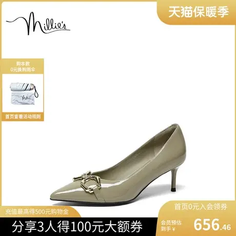 妙丽2023秋新款高跟鞋时尚通勤尖头浅口牛皮革细跟女单鞋SHV11CQ3商品大图