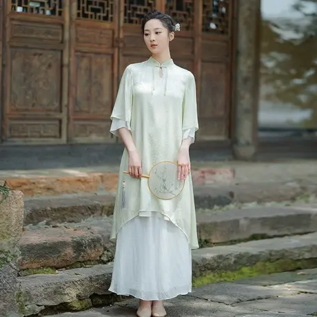 素飞中国风连衣裙夏季中式文艺女装2023年新款禅意天丝暗纹禅茶服图片