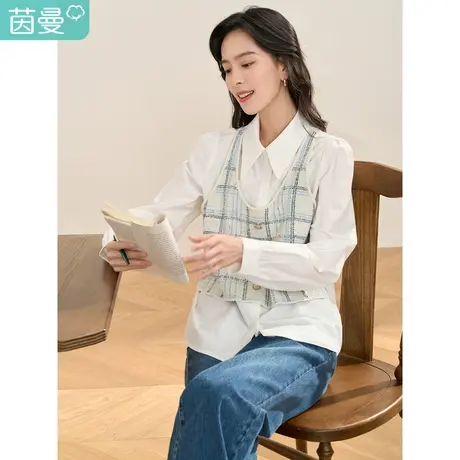 【商场同款】茵曼2023春女装新款学院风纯棉拼接假两件设计感衬衣图片