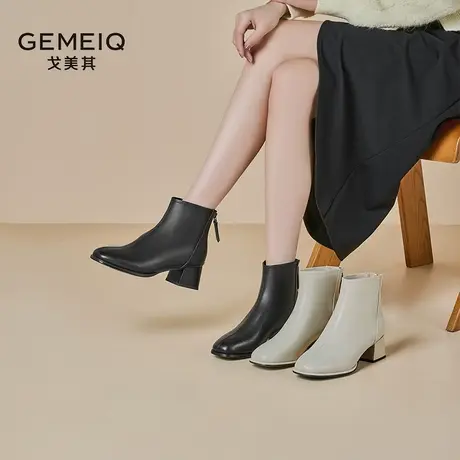 戈美其马丁靴女2023冬季新款瘦瘦靴方头厚底增高配裙子法式小踝靴商品大图