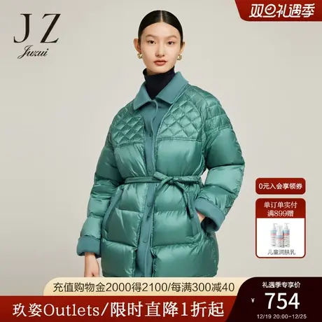 JZ玖姿几何格纹绗缝羽绒服2022冬季新款双面呢拼接保暖外套商品大图