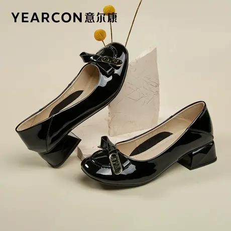 意尔康女鞋2023秋季新款高跟鞋真皮漆皮小皮鞋女粗跟浅口中跟单鞋商品大图