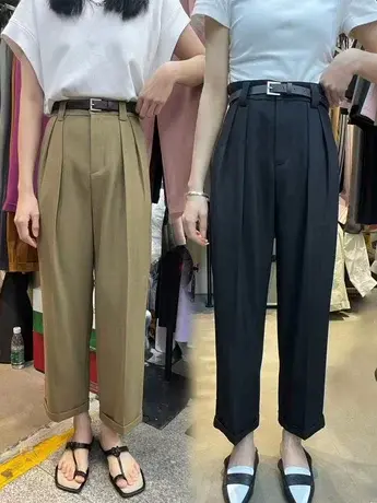 时尚九分西装裤女2023夏季韩版纯色梨型身材遮肉显瘦休闲直筒裤潮商品大图