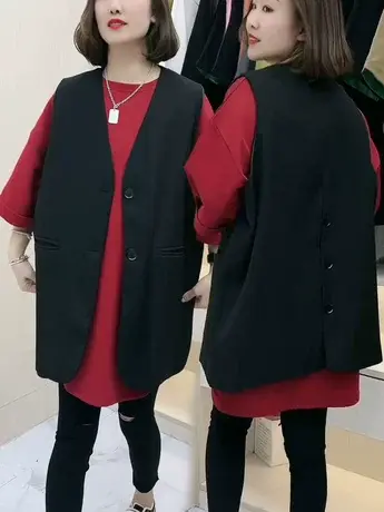 2023春夏新款坎肩欧货V领单排扣纯色百搭无袖外套西装马夹女上衣商品大图