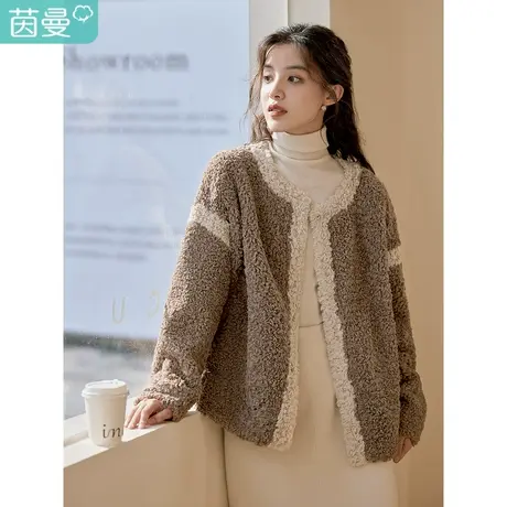 茵曼2023冬女装新款袖子与衣身处撞色拼接单排扣圆领羊羔绒外套图片