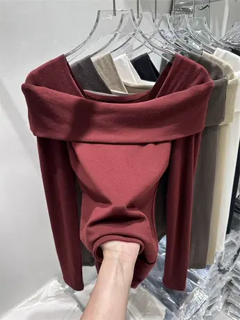 欧货早秋纯欲辣妹风修身露肩一字领小心机套头长袖打底T恤女上衣商品大图