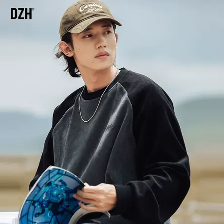 男生拼接长袖t恤男春秋季潮流宽松男装2023新款重磅卫衣圆领上衣商品大图