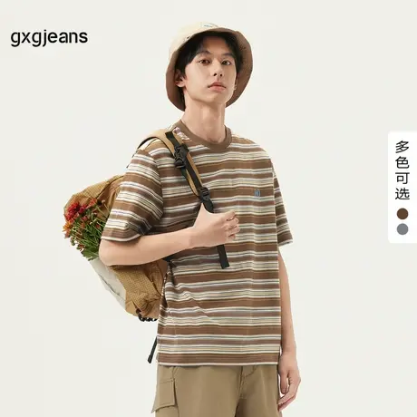 gxg.jeans男装 双色撞色条纹宽松时尚美式圆领短袖T恤男 25夏新款图片