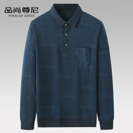 男士长袖t恤2022秋季新款翻领简约格纹有口袋polo衫中老年爸爸装商品大图