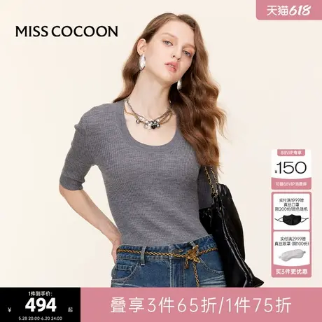 【100%羊毛】可可尼COCOON2024秋冬新款女针织衫灰色上衣U领毛衣图片