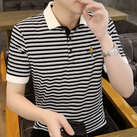 翻领短袖t恤男士夏季棉感条纹polo衫修身百搭半袖体恤冰丝上衣服商品大图