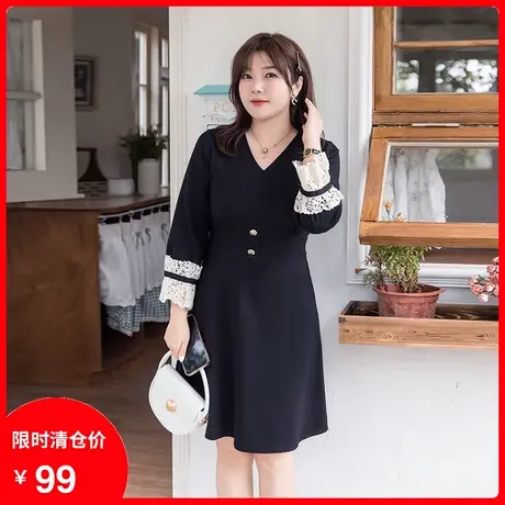 显瘦大码胖MM七分袖连衣裙2023年秋装新款气质v领收腰法式小黑裙商品大图